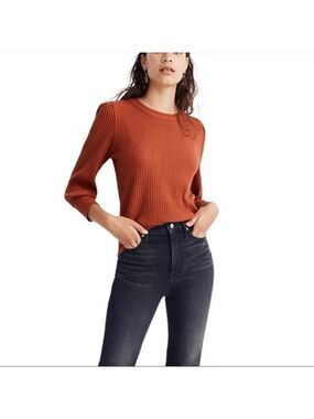 Madewell Ribbed Knit Sweater Rust Orange Blouson Sleeve Crew Neck Size S